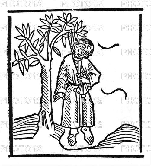Wood engraving. A man hangs himself with his pouch