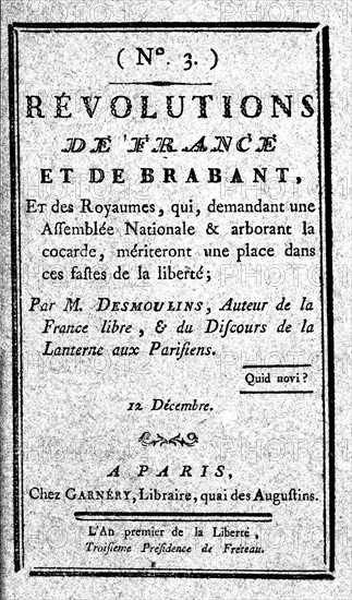 "Révolutions de France et de Brabant", n° 3 du 12 décembre 1789. Journal de Camille Desmoulins