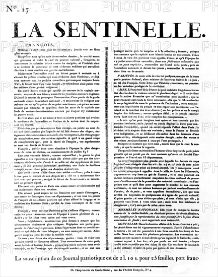"La Sentinelle", n° 17 de juin 1792. Journal de Louvai de Couvrai. (Placard qui était affiché sur les murs de Paris)