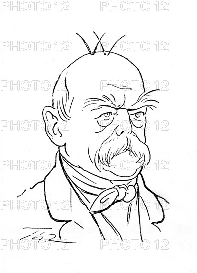 Caricature dans "Der Floh". Bismarck. "Après la réconciliation". "Le prince de Bismarck, ivre de joie, laisse pousser un quatrième cheveu pour donner un groupement symétrique (W = Wilhelm)"