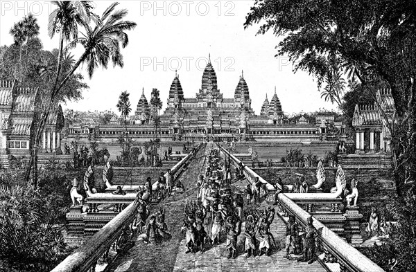 Angkor Wat. View of the West Way and all of the great temple. Engraving taken from "Monuments of Cambodia" by Louis Delaporte.