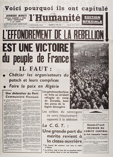 Frontpage of the newspaper 'L'Humanité', April 26, 1961