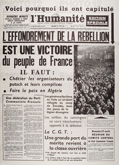 Une du journal L'Humanité (26 avril 1961)