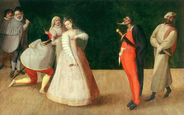 Représentation de la Commedia dell'arte par la troupe des Gelosi, avec Isabella Andreini