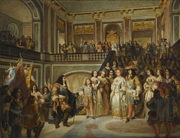 Louis XIV reçoit le Grand Condé dans le grand escalier de Versailles après sa victoire de Seneff en 1674