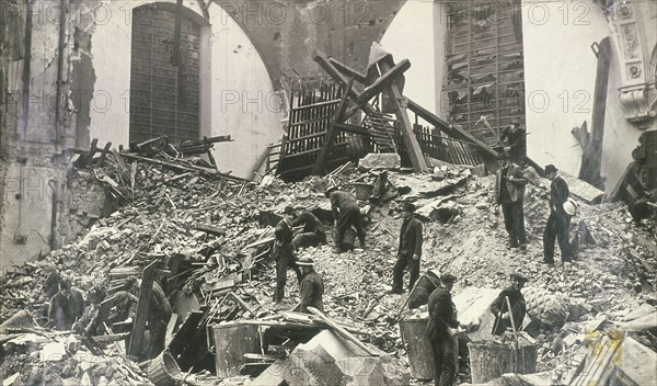Air raid damage at Church of St Mildred, Bread Street, City of London, c1941.