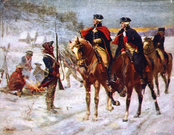 WASHINGTON: VALLEY FORGE. General George Washington with the Marquis de Lafayette (Marie Joseph Motier, right) and soldiers of the Continental Army at Valley Forge, Pennsylvania, late December 1777. After a painting by John Ward Dunsmore, 1907. 
American Revolutionary War (American War of Independence)