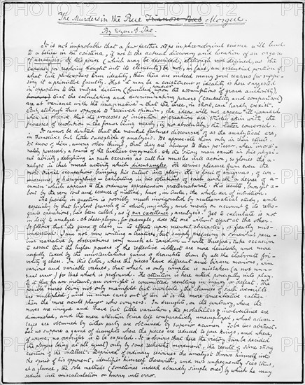 Fac-similé de la première page du manuscrit "Double assassinat dans la rue Morgue", par E. Allan Poe
