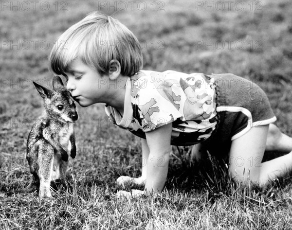 Child gives baby kangaroo a kiss