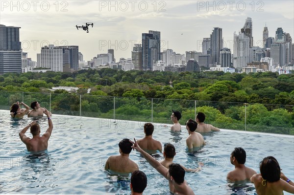 DJI Inspire 1 drone flies over Swimminpgool
