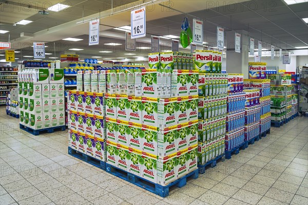 Shelf with detergent in a supermarket