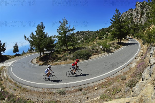Two racing cyclists on a winding road
