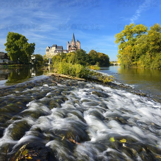 Limburg Cathedral St. Georg or Georgsdom and Limburg Castle over the river Lahn with weir in autumn