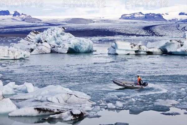 Motorboat in glacier lagoon Jokulsarlon