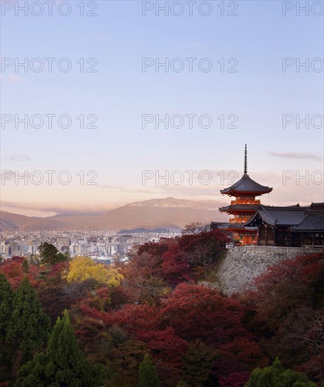 Sanjunoto pagoda of Kiyomizu-dera Buddhist temple in beautiful autumn sunrise morning scenery