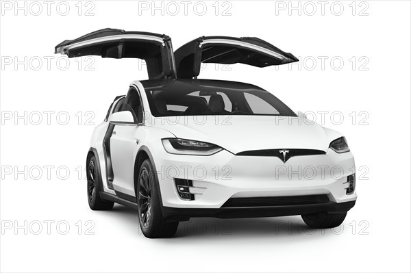 White Tesla Model X luxury SUV electric car with open falcon wing doors