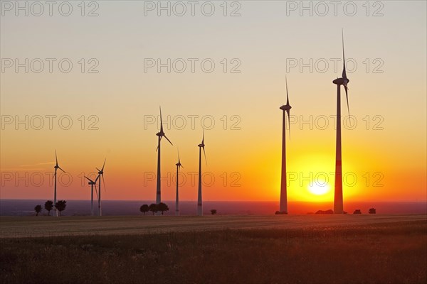 Silhouettes of wind turbines at sunset