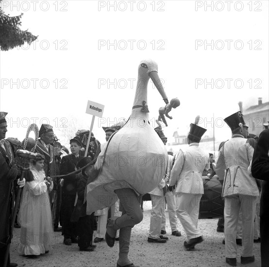 Man dressed as a stork with a baby doll in his beak