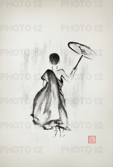 Young buddhist monk walking under rain holding an umbrella artistic oriental style illustration