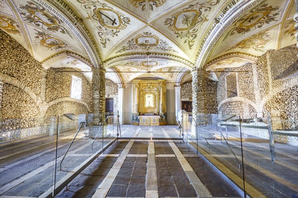 Interior with bone-laid walls and frescoes on the ceiling