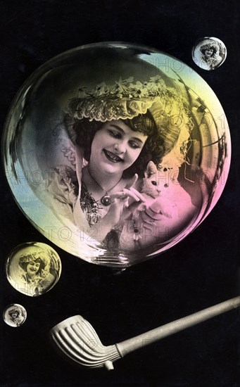 Woman reflected in soap bubbles