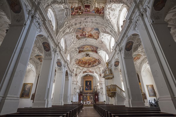 Interior view with chancel and ceiling frescoes and stucco