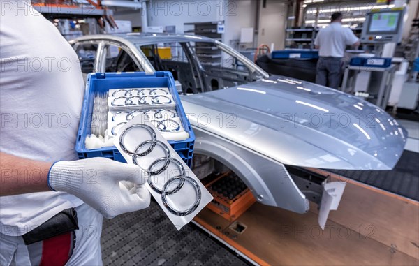 An Audi employee holds a box of Audi logos in the hands of the Audi A4 assembly line at the Audi AG plant in Ingolstadt