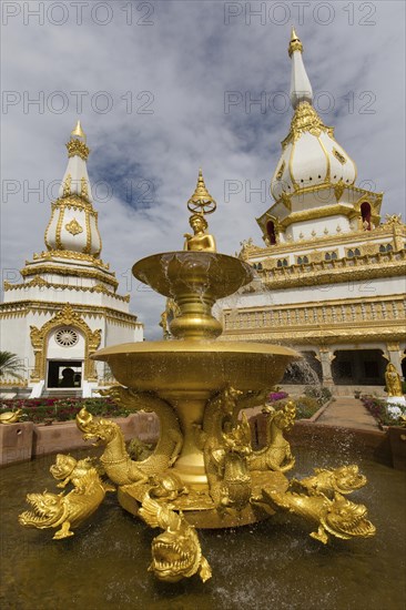 Gilded fountain in front of the 101m high Phra Maha Chedi Chai Mongkhon Pagoda