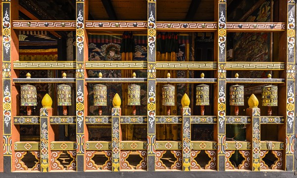 Prayer mills and mural painting in the monastery fortress