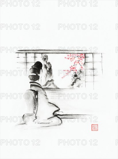 Japanese woman in kimono sitting in front of an open shoji door with the beautiful view on the lake