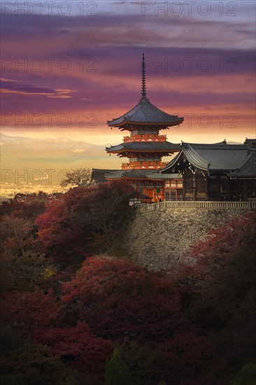 Sanjunoto pagoda of Kiyomizu-dera Buddhist temple in beautiful autumn sunrise morning scenery