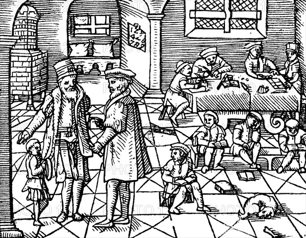 Interior of a school for writing and arithmetic in the 16th century
