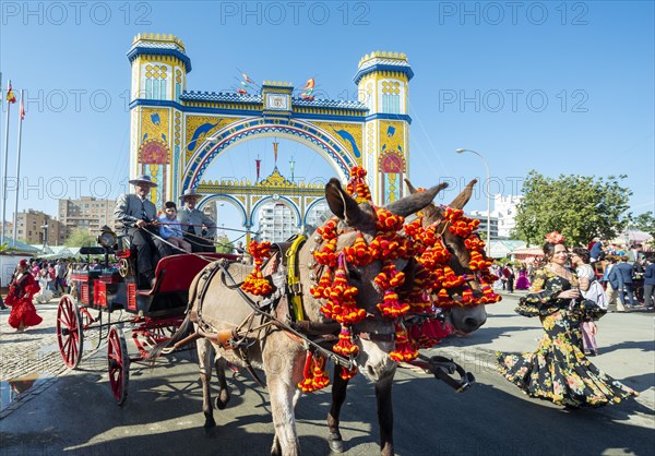 Decorated carriage with donkeys in front of lighted entrance gate