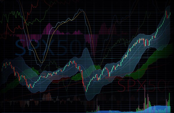 Stock market trading SPX500 candlestick chart and colorful indicators on a display showing a steep uptrend