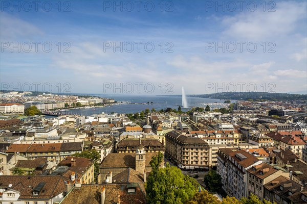 Cityscape with Lake Geneva Lake and the fountain Jet d'eau taken from a tower of the Cathedrale Saint Pierre