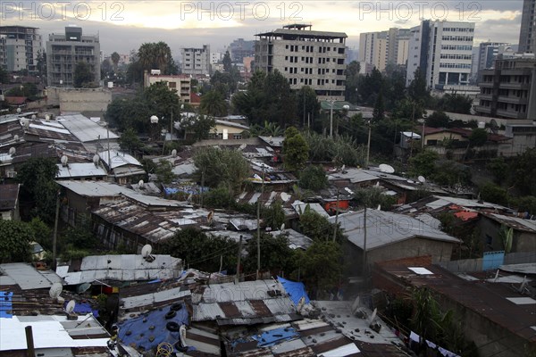 Poor district with corrugated iron huts on the outskirts