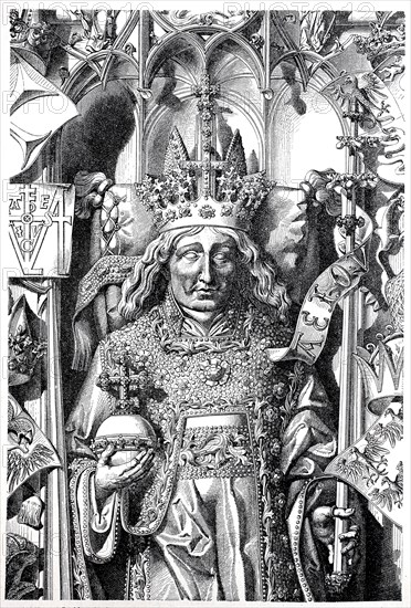 The grave figure of Emperor Friedrich III. on his tomb in the Cathedral Saint Stephen to Vienna