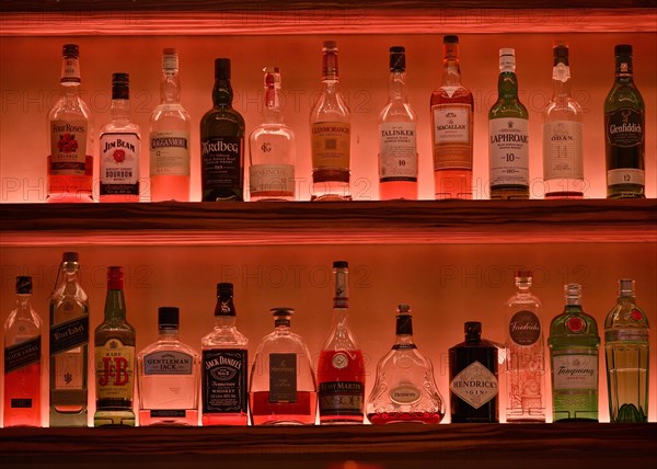 Various whisky bottles on the shelf of a bar