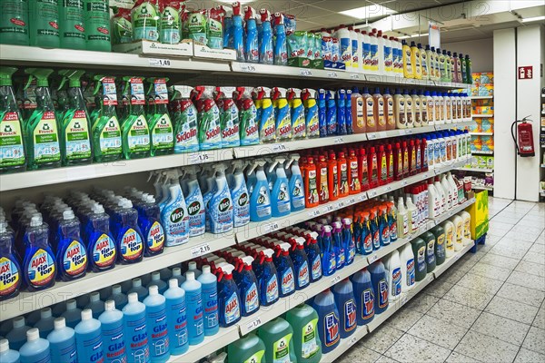 Shelf with cleaning materials in a supermarket