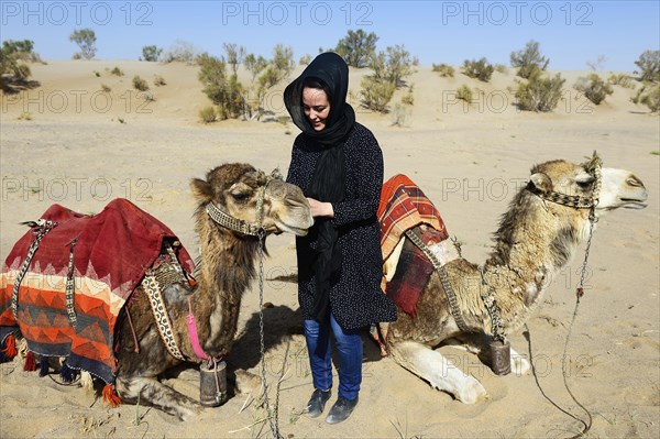 Tourist with resting camels on camel tour