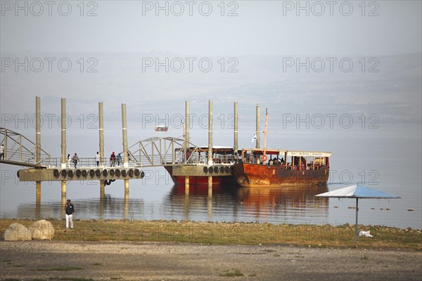 Jetty with boats for tourists on Lake Tiberias