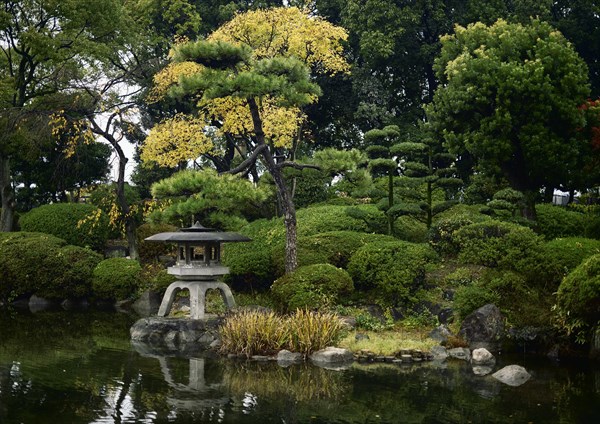 Japanese Zen garden with a lantern and a pond