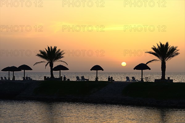 Sunset with water reflection from palm trees and sunshades