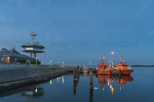 Pilot boats and control tower of the traffic control centre at the mouth of the Trave