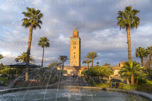 Fountain at Parc Lalla Hasna and the Minaret of Koutoubia Mosque