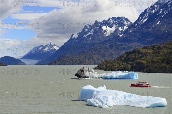 Excursion boat on Lake Grey with ice floes