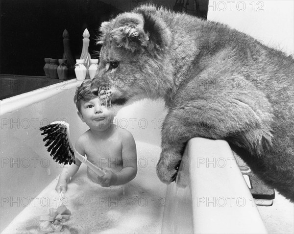 Boy and lion in the bathroom