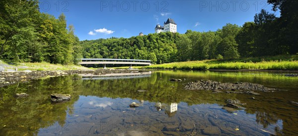 Castle Burgk Castle and covered wooden bridge on the river Saale