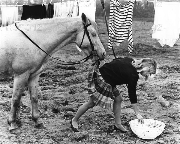 Horse bites into a woman's skirt