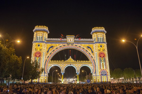 Colorful illuminated entrance portal at night